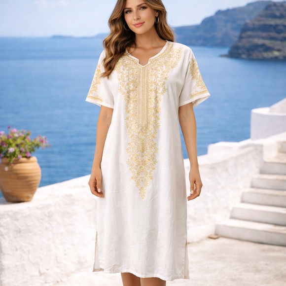 Other - White Gold Embroidered Kaftan Dress Boho Resort Tunic Size M